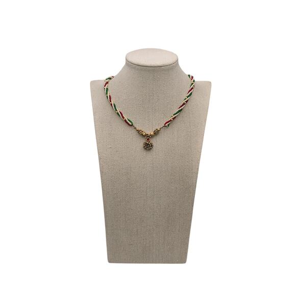 Red & Green Twisted Vintage Multi-Strand Beaded Necklace with Pendant Charm - Picture 4 of 5